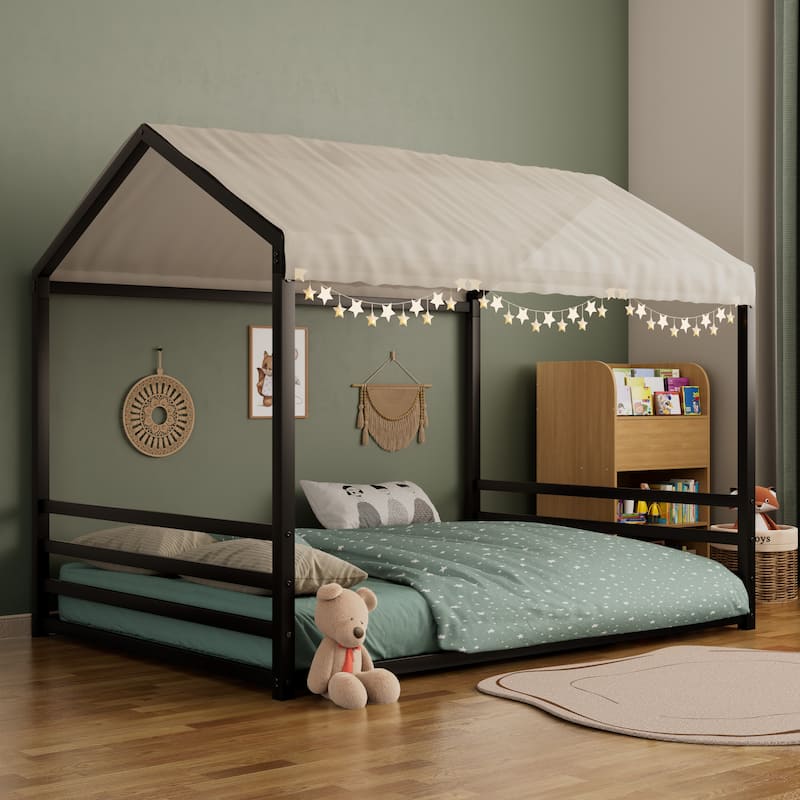 Montessori Style Metal Floor Bed Frame, House Shaped Bed for Kids and Toddlers, No Slats, House Bed