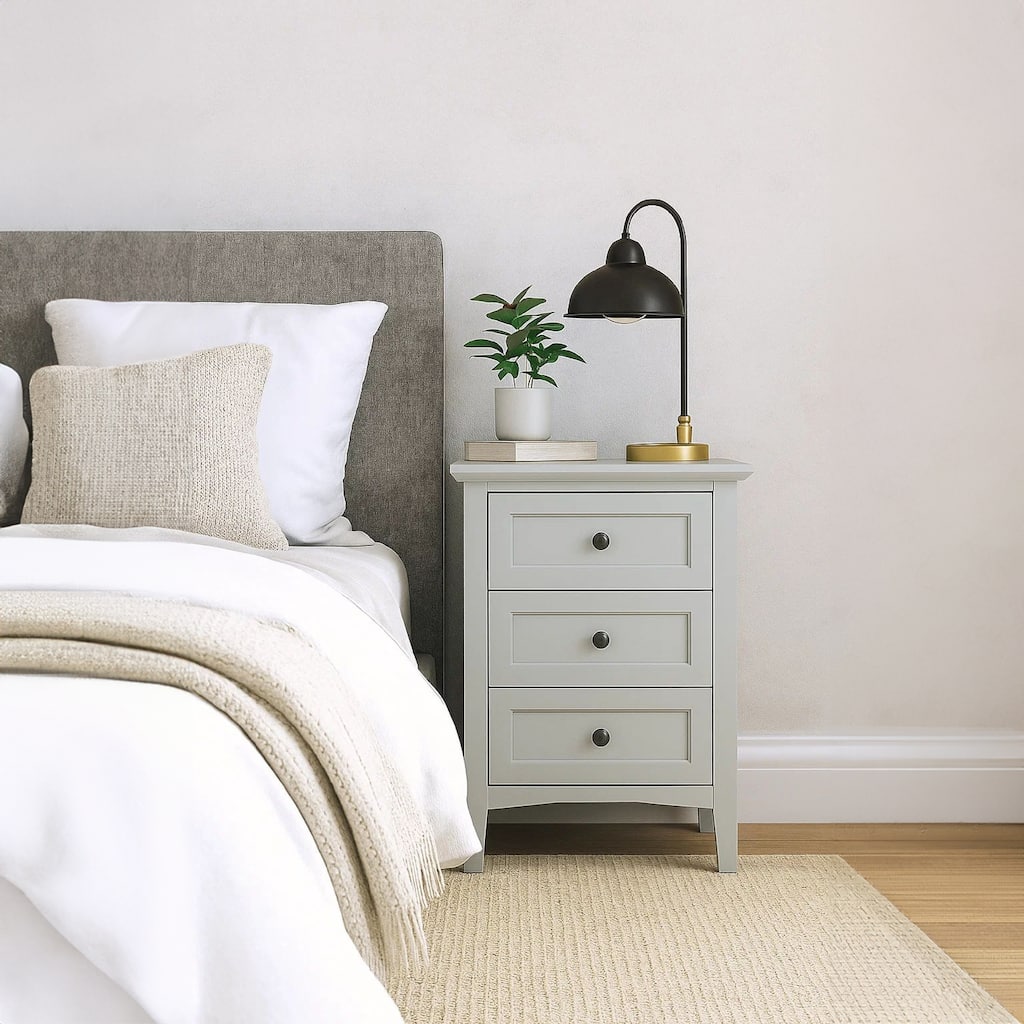Fritz 30 Inch Bedside Nightstand, 3 Drawers, Black Round Handles, Gray Wood