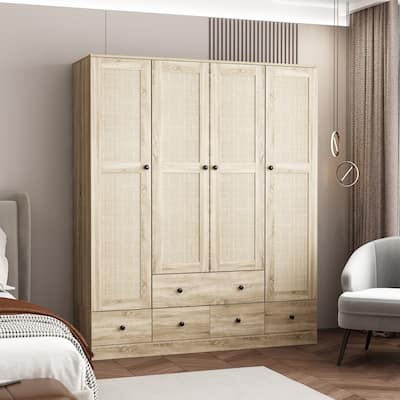 Large Storage Wardrobe Versatile Rattan Door Closet with Deep Drawers