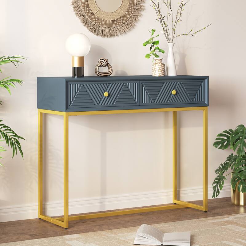 38" Modern Console Table with Two Drawers and Gold Metal Base for Entryway, Living Room - Grey