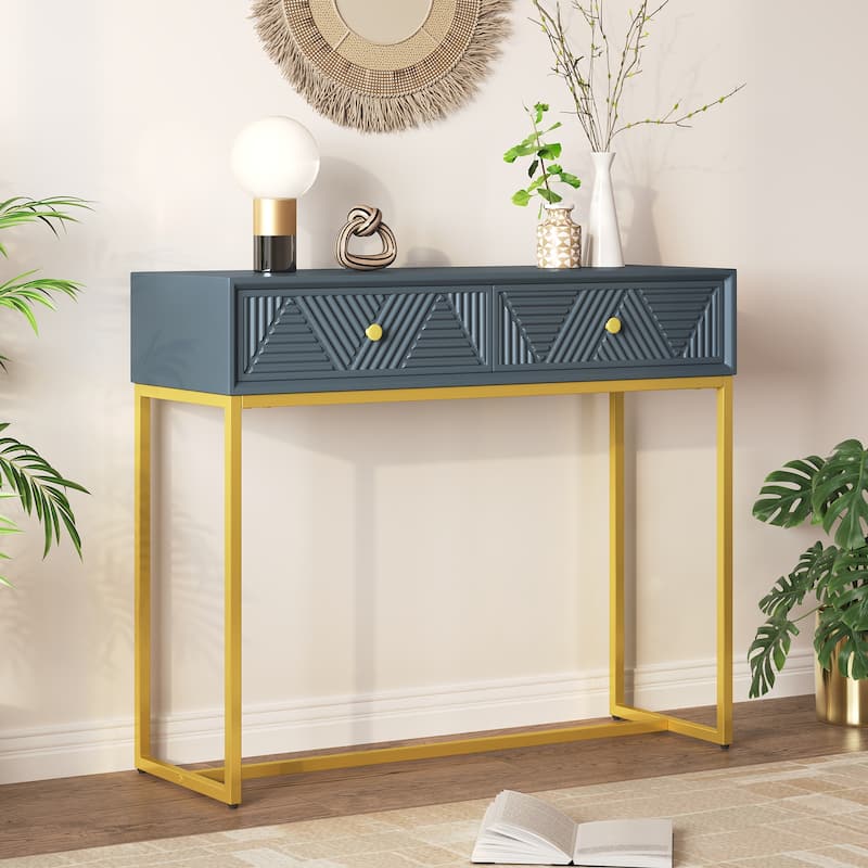 Modern Sleek Console Table with Stripe Design, 38" Living Room Metal Entryway Sofa Table with 2 Storage Drawers
