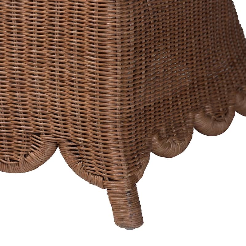 Detta Natural Rattan Loveseat with Cushion - Handwoven Wicker Settee with Rolled Arms and Scalloped Skirt Base