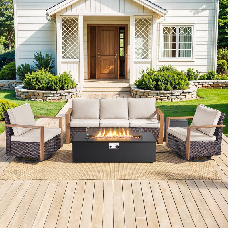 Pocassy 43 In Fire Pit w/ Outdoor Sofa Swivel Chair Ottoman Set - Brown Wicker Beige Cushion - 4PCS Fire Table w/ 4-In Cushion Sofa Swivel Chair