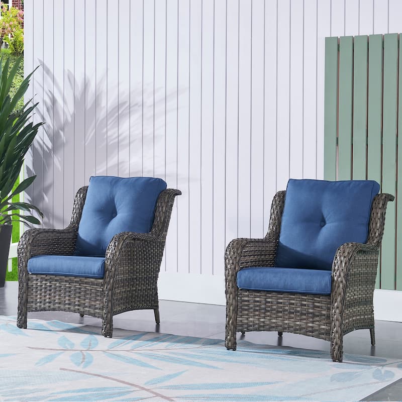 Outdoor Wicker High Back Club Chair with Cushions (Set of 2)