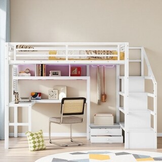 Full Size Metal Loft Bed with LED Lights, Charging Station, Desk, Pegboard, Wardrobe & Storage Staircase