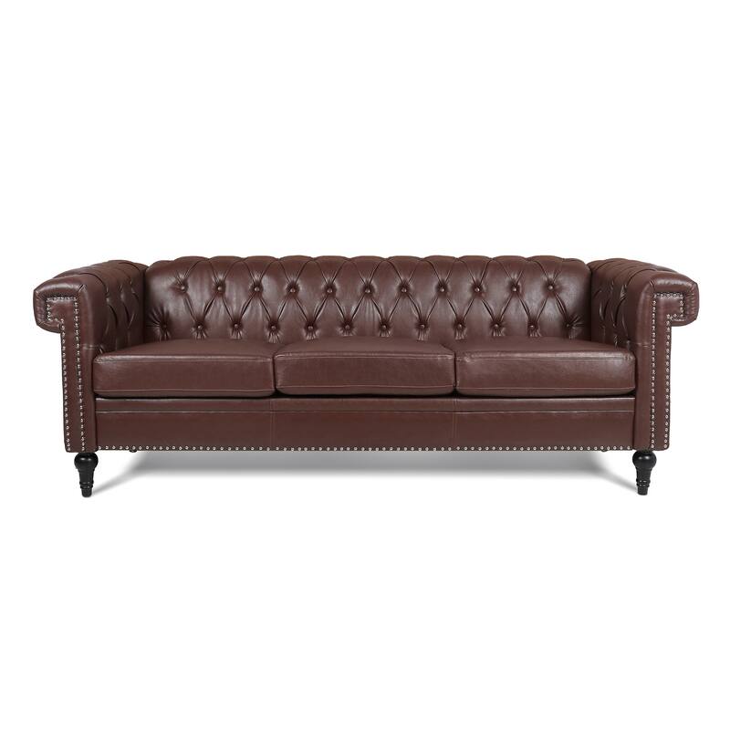 PU Leather 3 Seater Sofa, Upholstered Sofa with Rolled Arms & Removable Cushion, Lounge Sofa with Studs Trim & Wooden Legs