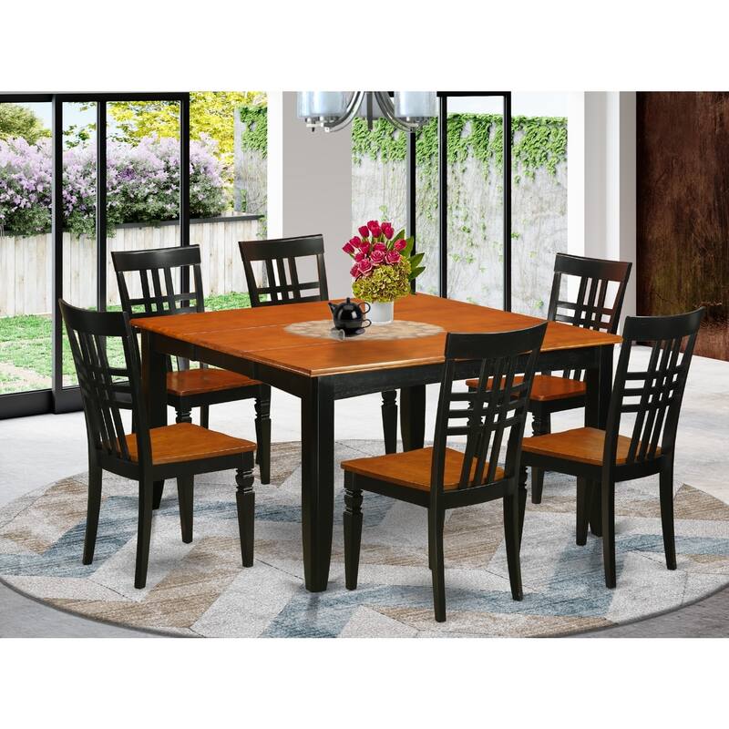 HomeStock 7-Piece Square Black and Cherry Finish Solid Wood Top Dining Table with 6 Chairs with Lattice Back