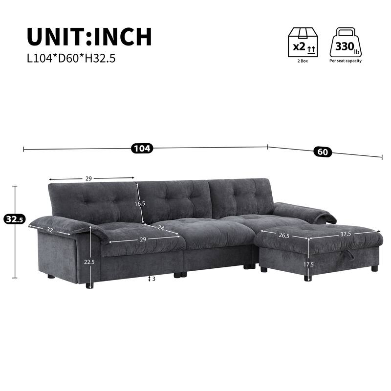 Chenille Tufted L-Shape Sectional Sofa with Storage Ottoman, Pockets and All-in-one Armrest with Dual-Port Charging, Cup Holder