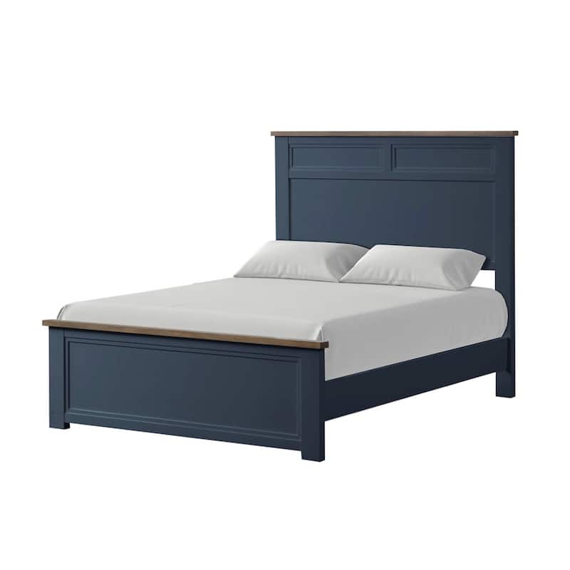 Wooden Full-Size Bed with Recessed Panels - Blue/Dark Brown