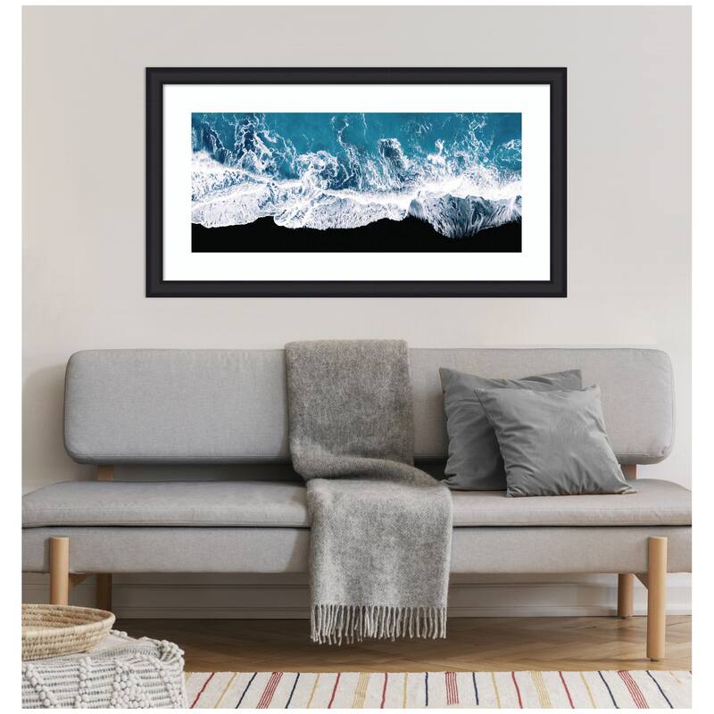 Kate and Laurel Framed Art Minimalist Ocean Waves on the Black Beach in Iceland Panel by Michael Schauer