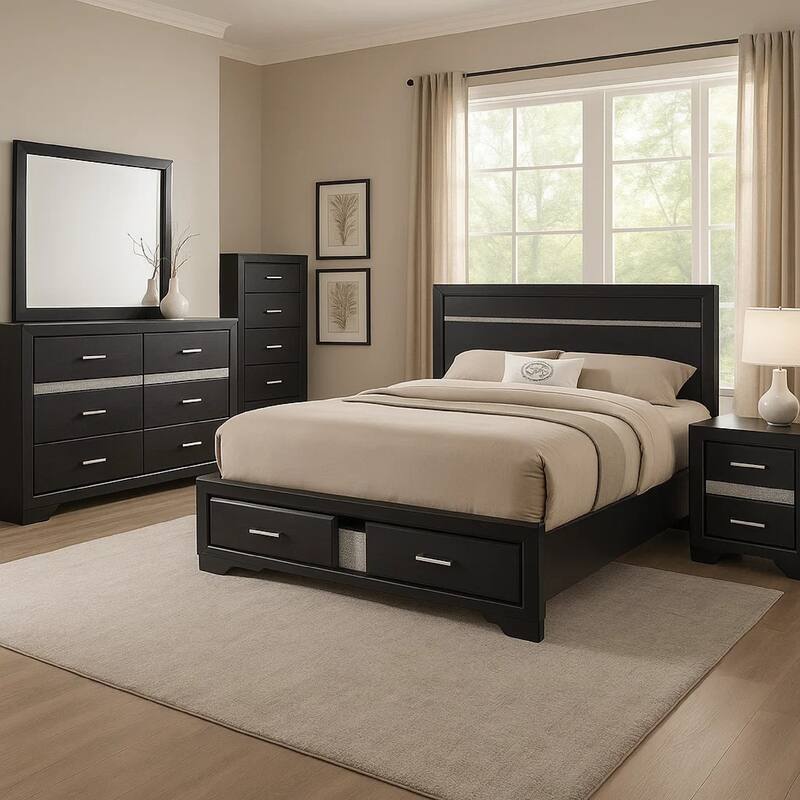 Vino Black 5pc California King Bed Set with Storage, Glitter Accent