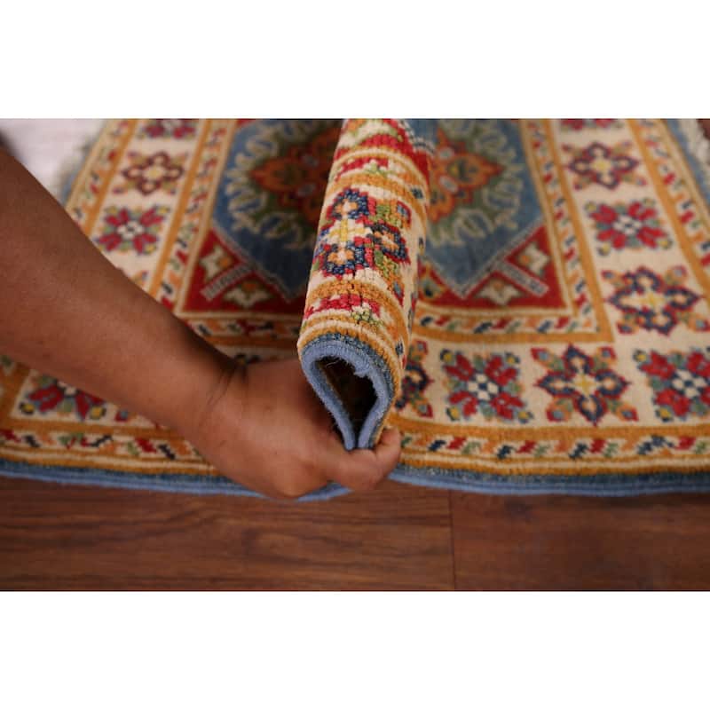 Blue Geometric Kazak Oriental Foyer Rug Hand-Knotted Wool Carpet - 2'0" x 2'9"