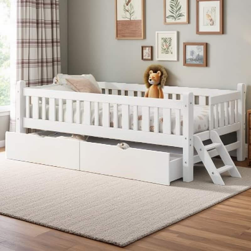 Twin Size Platform Bed for Kids with Partial Guardrail and 2 Pull-Out Storage Drawers, Low Profile Wooden Frame - White
