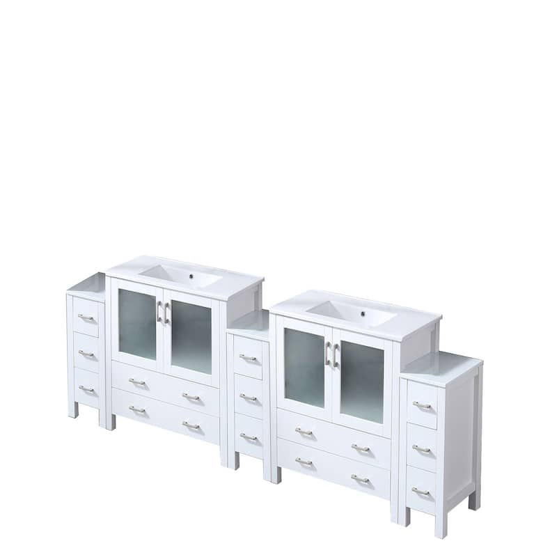 96" Navy Blue Double Vanity with White Ceramic Countertop, Side Cabinets, 2 Interior Cabinets, and 13 Drawers