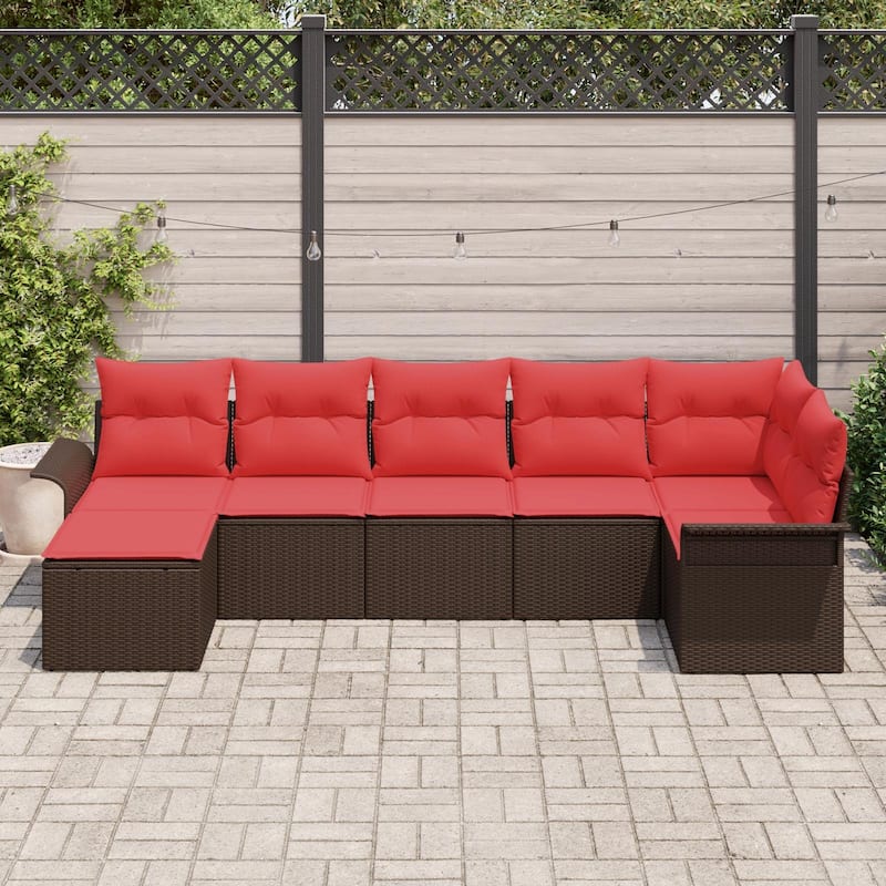 vidaXL 7/8 Garden Sofa Set with Cushions Black/Brown/Grey Poly Rattan - 117.1 x 52.2 x 27.2