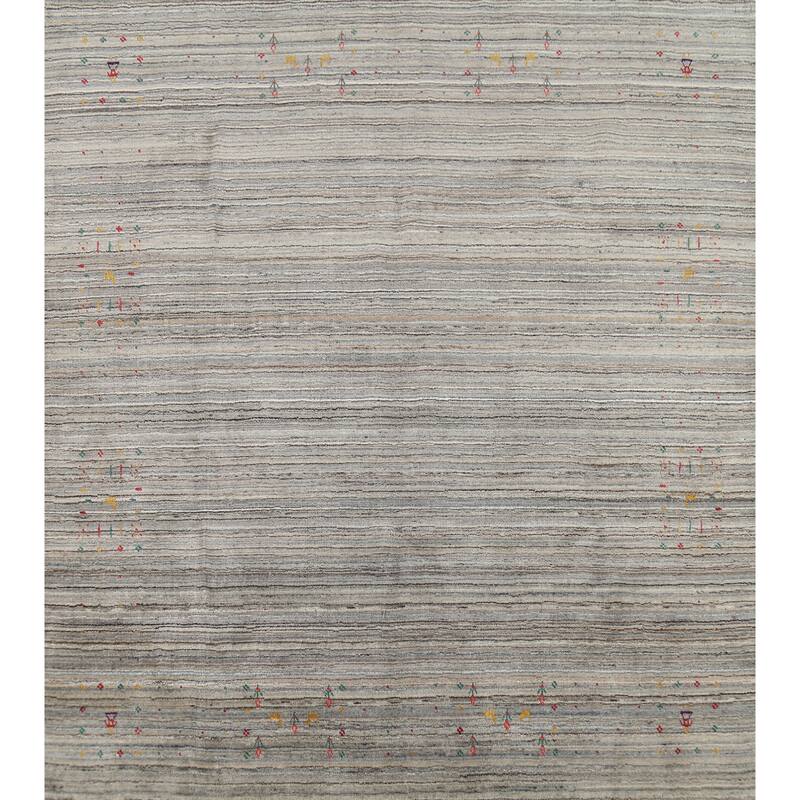 Striped Gabbeh Square Rug Hand-Knotted Gray Wool Carpet - 7'11"x 7'11"