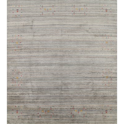 Striped Gabbeh Square Rug Hand-Knotted Gray Wool Carpet - 7'11"x 7'11"