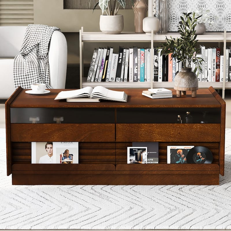 Modern Wood Coffee Table with Fluted Style,4 Drawers and 2 Display Shelves