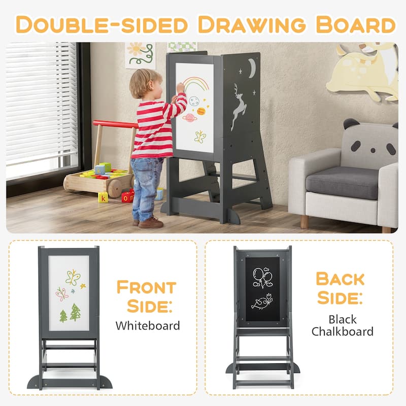 Toddler Kitchen Stool Baby Standing Tower with Chalkboard and Whiteboard - 19.5" x 14.5" x 34.5"