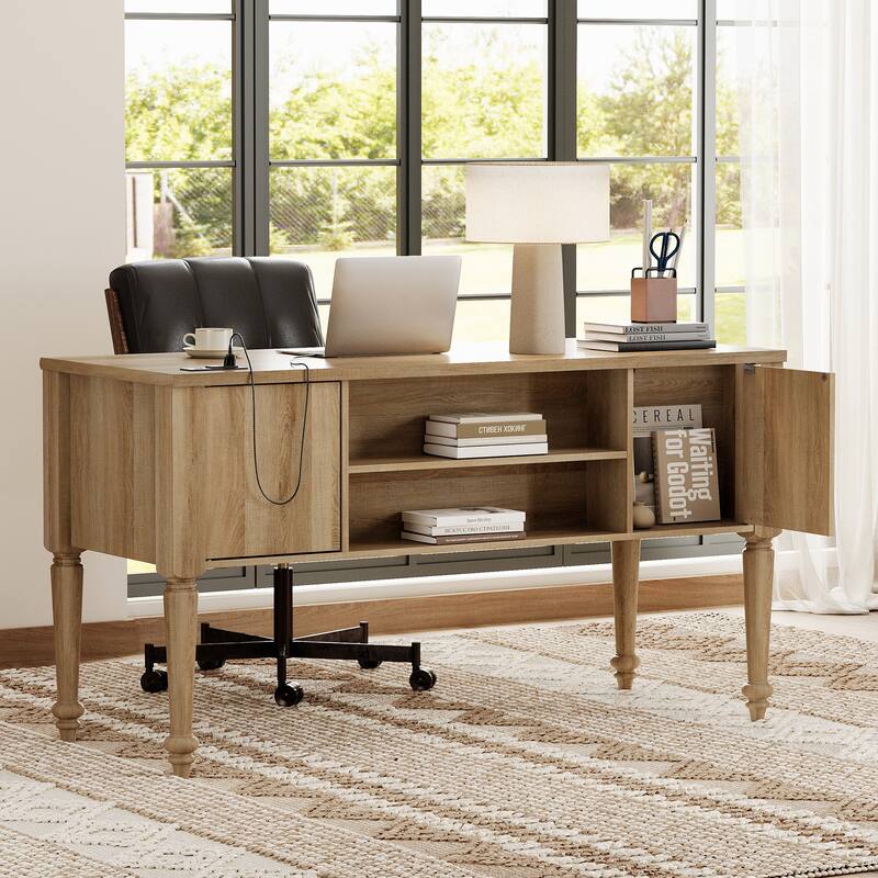 56'' Farmhouse Executive Desk with Drawers White/Oak - 5 Drawers and 2 Doors