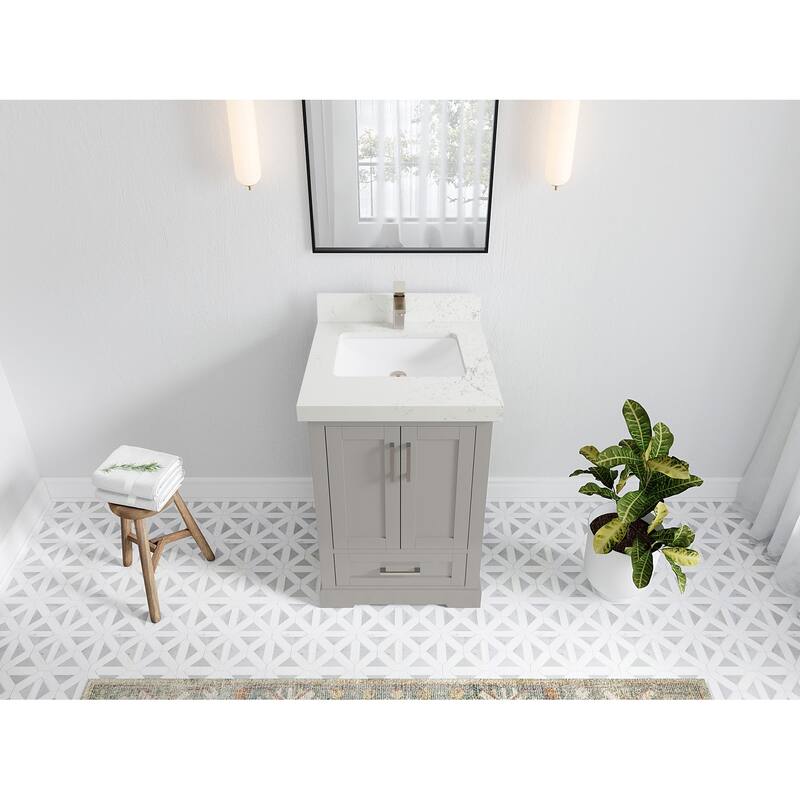 Willow Collection 30 in W x 22 in D x 36 in H Reeded Boston Single Bowl Sink Bathroom Vanity with Quartz or Marble Countertop - 2"Empira White - Elephant Skin Gray