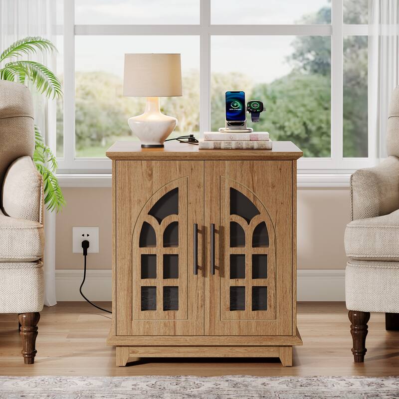 Farmhouse End Side Table with Charging Station & LED Light
