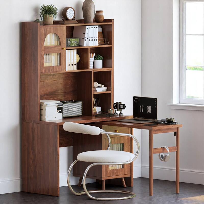 KISRAIS Office Desk with 90 Degree Rotating Desktop for Study, Home Office, Bedroom and Living Room - Walnut