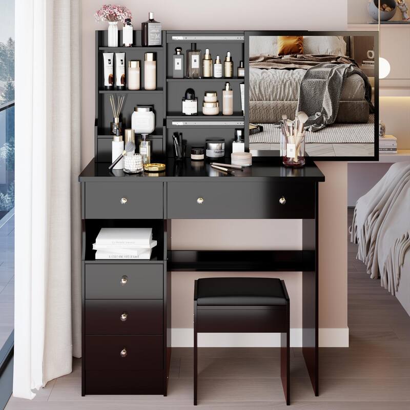 37" Middle Size Left Drawer Vanity Table + Cushioned Stool, Extra Large Right Sliding Mirror, Multi Layer High Capacity Storage - Black