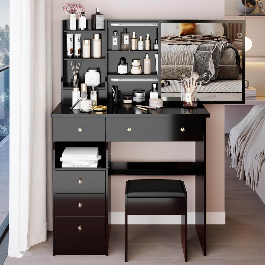 Middle Size Desktop Vanity Table + Cushioned Stool, Extra Largesliding mirror, High Capacity Storage,Suitable For Large Space
