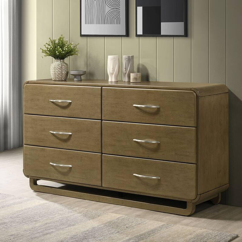 6 Drawers Wooden Dresser with Matte Nickel Hardware in Nutmeg