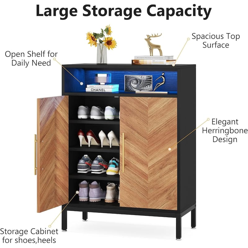 Shoe Cabinet with Doors and Led Light, 16 Pairs Entryway Shoe Storage Cabinet for Closet, Living Room