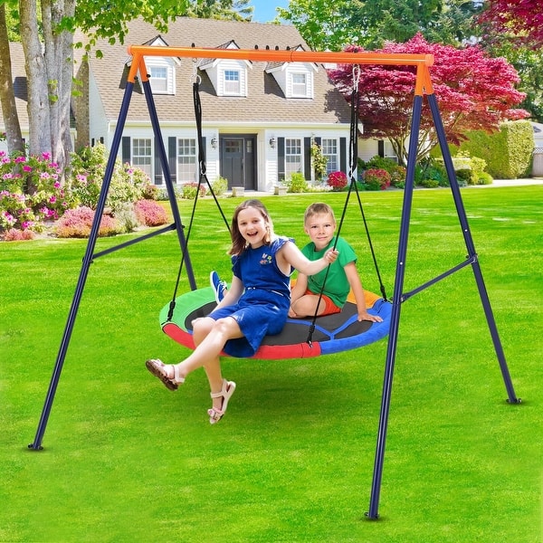 slide 2 of 7, 440lbs Saucer Swing Set with Heavy-Duty Metal A-Frame and Adjustable Ropes