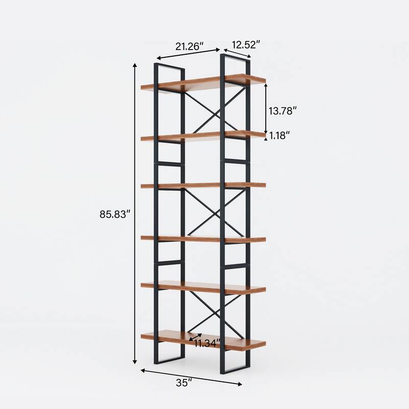 Stonegate 6-Tier Industrial JD Walnut Bookcase - 85" H x 35.43" W x 12.5" D
