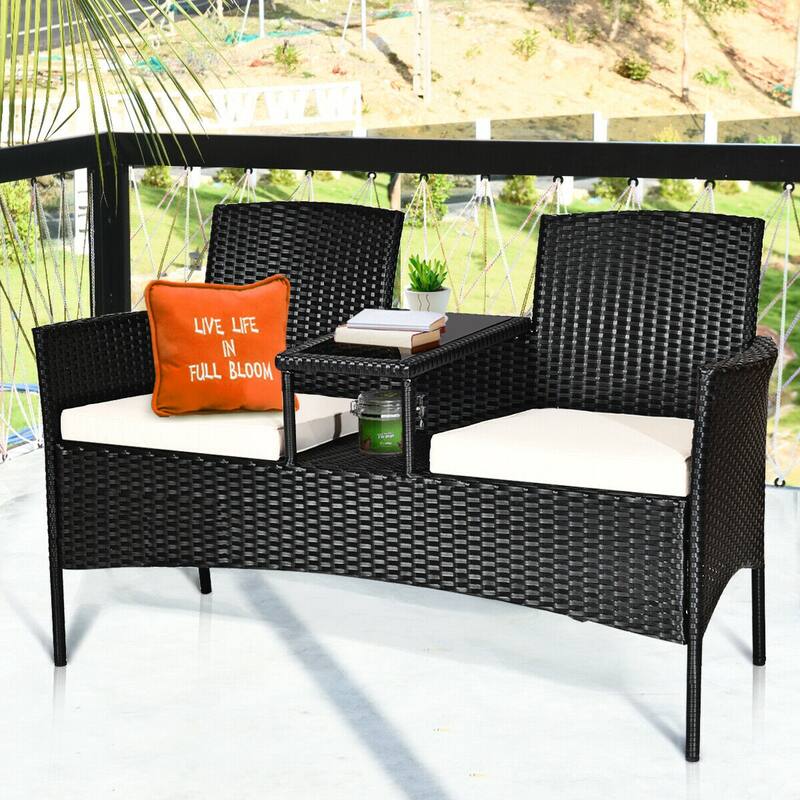 2-Piece Black Wicker Patio Set with White Seat Cushions and Tempered Glass Chat Table - 54.5" x 24" x 33" (L x W x H)