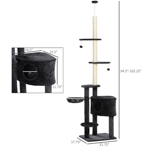 PawHut Adjustable Height Floor-To-Ceiling Vertical Cat Tree with Carpet Platforms, Condo & Rope Scratching Areas, Grey
