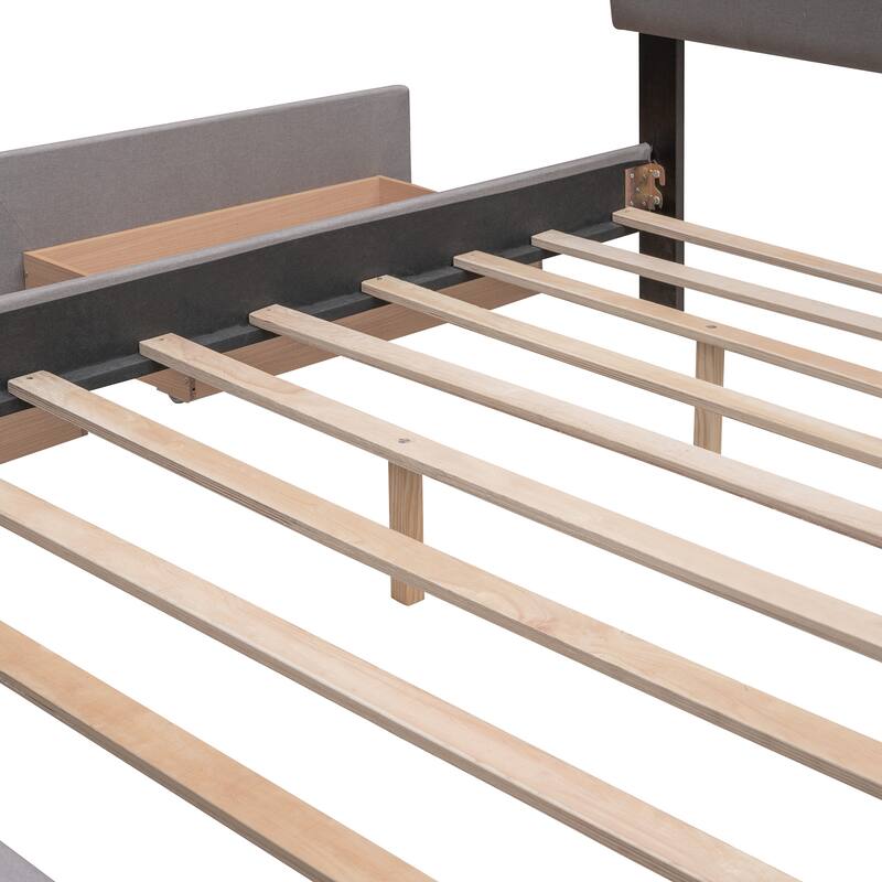 Queen Size Upholstered Platform Bed with 2 Drawers and Twin XL Trundle, Linen Fabric, Light Gray