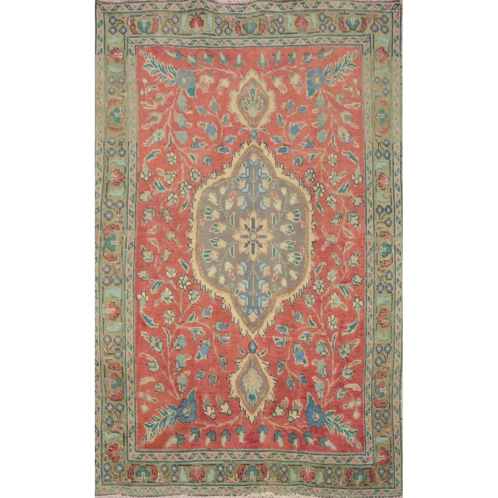 Hand Knotted Oriental 100% Wool Carpet Traditional Floral Pink Tabriz Area Rug - 4' 8'' X 3' 2''