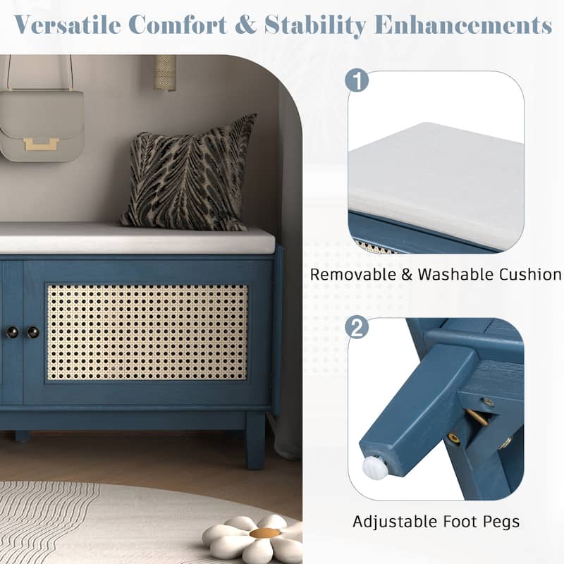 Rattan Entryway Bench with Storage, Cushioned Shoe Bench with Double Doors, Wooden Shoe Organizer Bench for Entryway