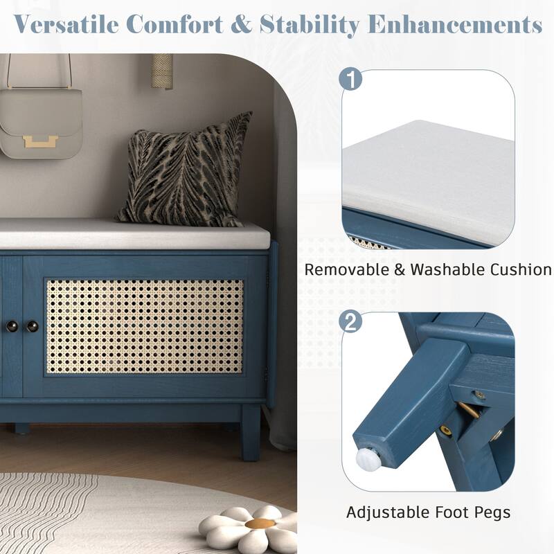 Roomfitters Entryway Storage Bench, Boho Rattan Cabinet, Hallway Organizer Seat with Cushion