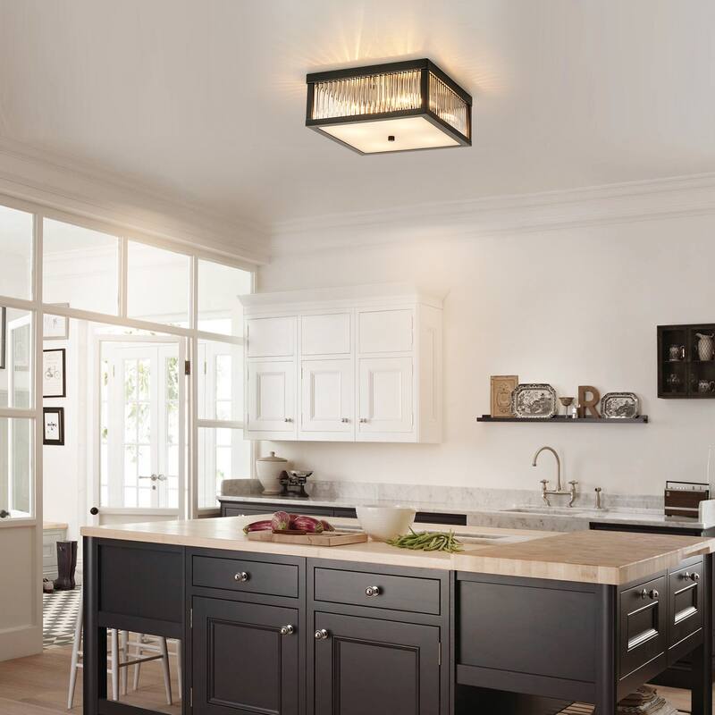 12.2 in. 4-Light Industrial Black/Gold Square Flush Mount Ceiling Light with Clear Glass Rods