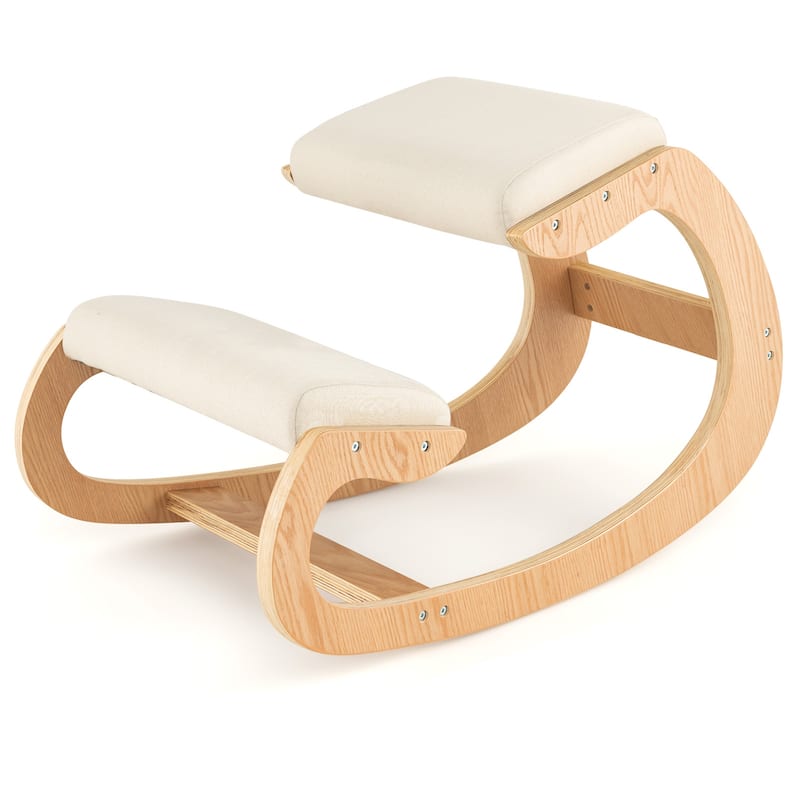 Wooden Rocking Chair with Comfortable Padded Seat Cushion and Knee Support - 21.5" x 34" x 22" - Beige