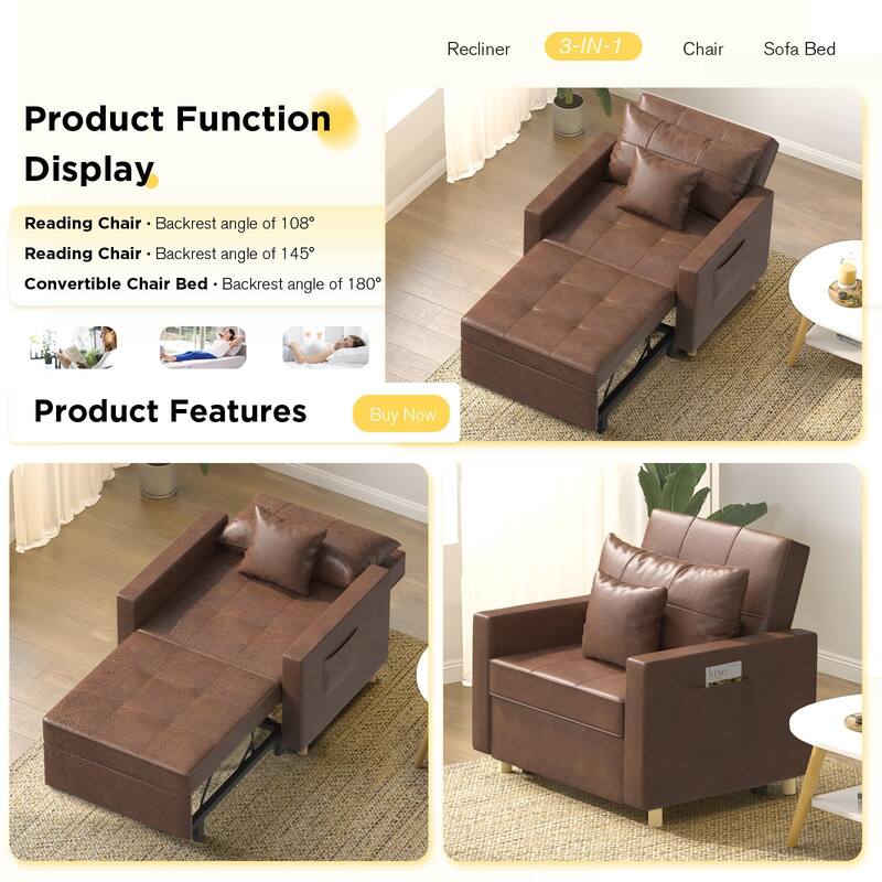 AECOJOY Adjustable Sleeper Chair Bed 3-in-1 Convertible Futon Sofa