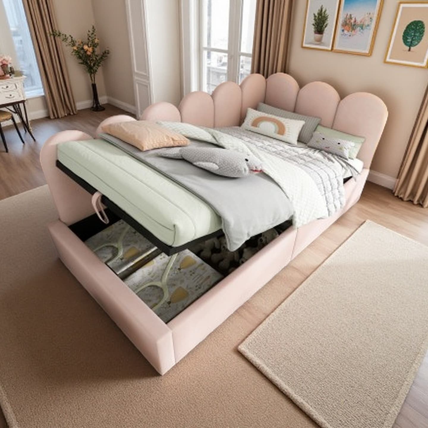 Twin Size Velvet Upholstered Daybed with Hydraulic Storage, Metal Slatted Frame, Space-Saving Ottoman Sofa Bed