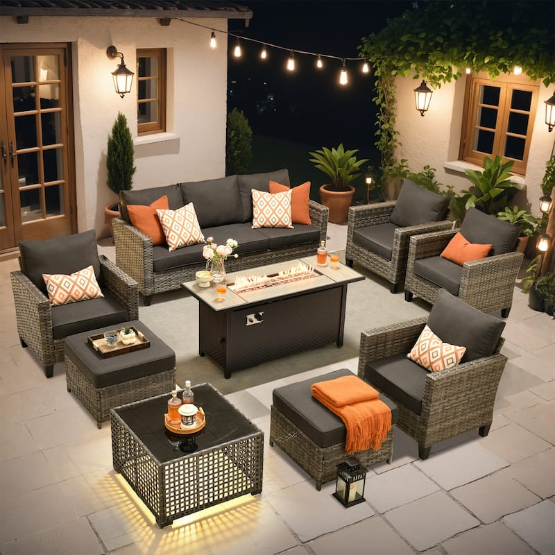 OVIOS 9 Pieces Patio Furniture Set with Solar-Powered Table & 54" Fire Table