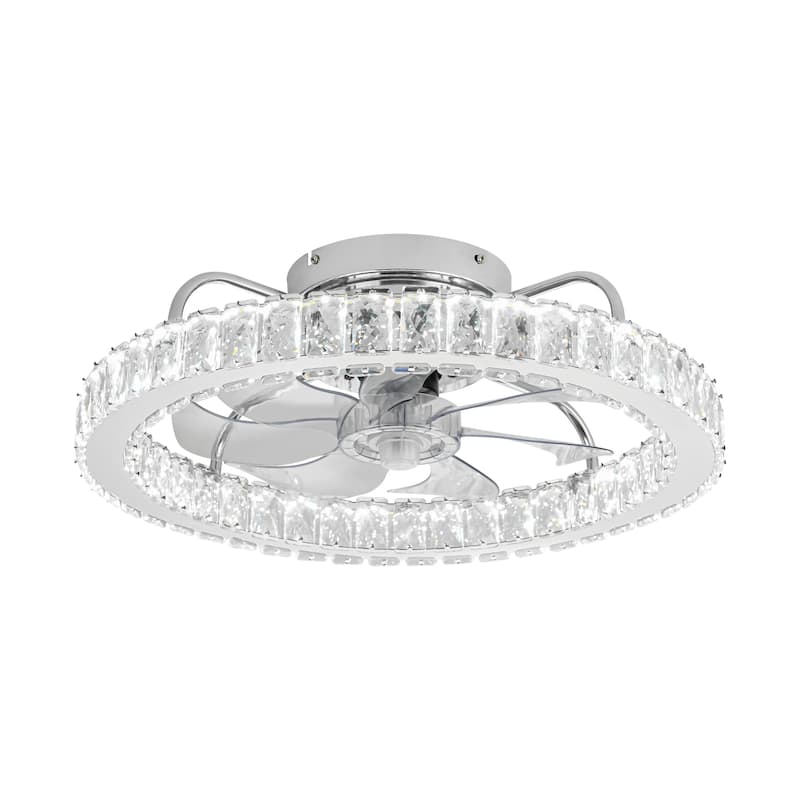 Modern Glam Chrome Round Dimmable Intagrated LED Crystal Ceiling Fan Lighting - 19.6 in. W x 6.2 in. H