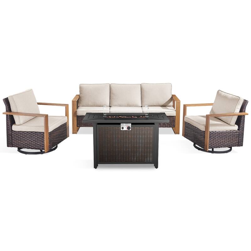 Meyreso Wicker Outdoor Patio Metal Fire Pit Set with Swivel Gliders & 4.5" Olefin Cushions