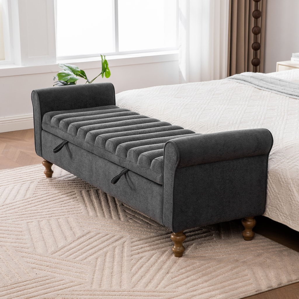 odern Upholstered Storage Bench , Napped fabric Bed End Foot Stool With Rolled Armrest