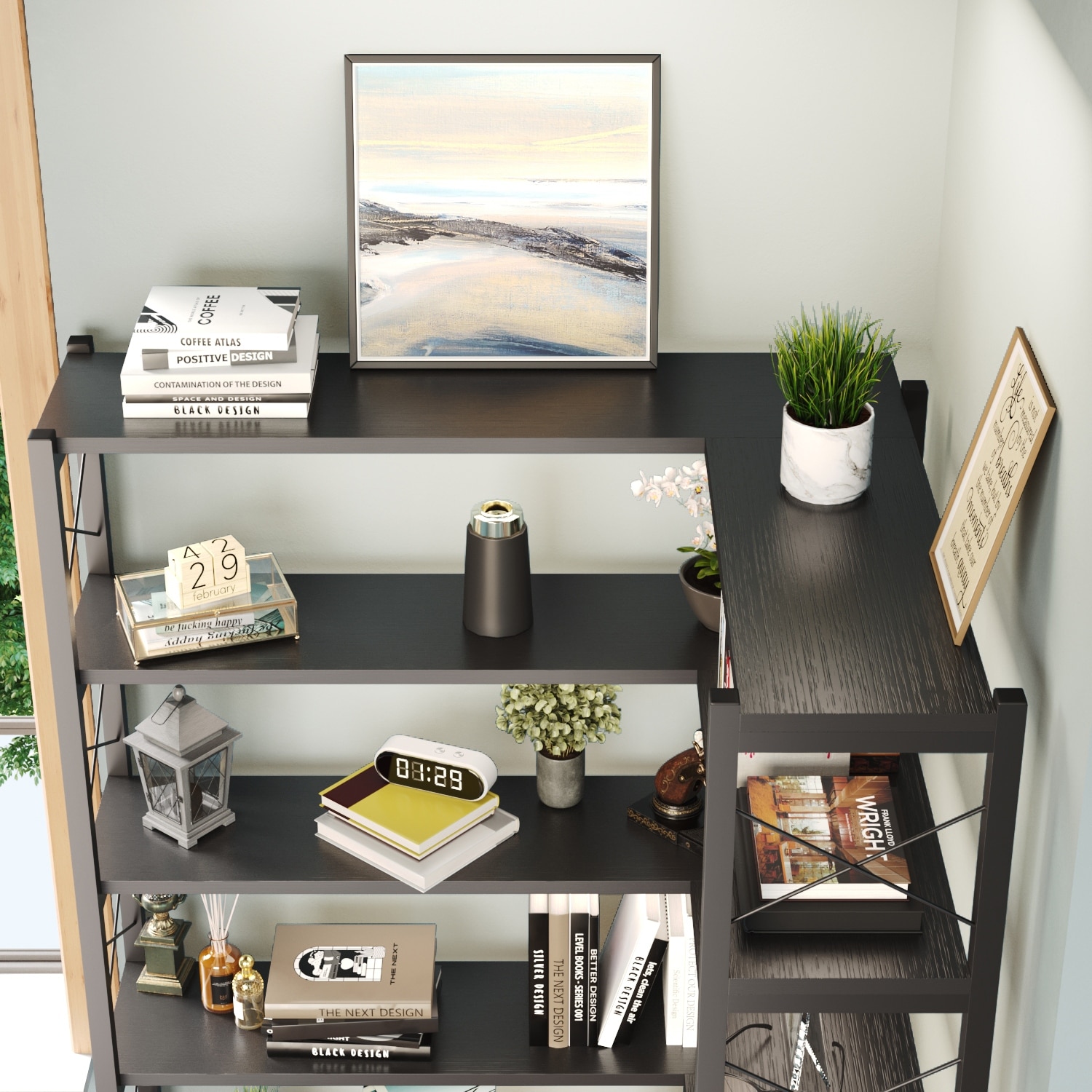 6-Shelf Corner Bookshelf, Vintage Industrial Corner