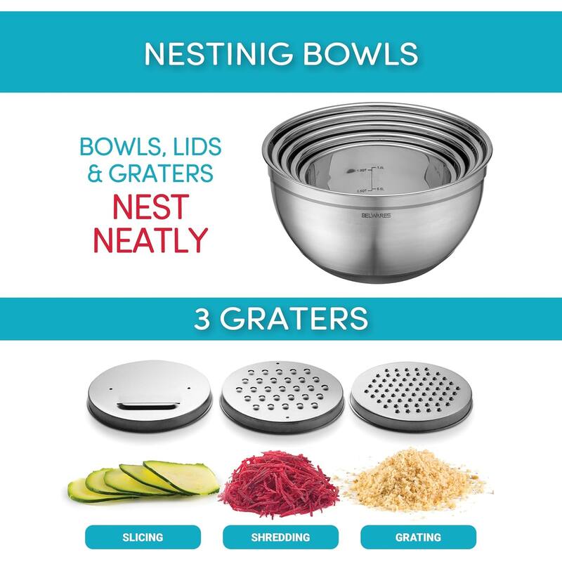 Belwares 5-Piece Stainless Steel Mixing Bowls with Airtight Lids and Graters - Non-Slip Nesting Bowls Set