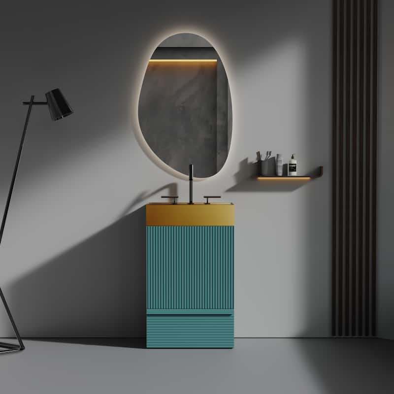 GDFStudio - Gada Stylish 20" Striped Bathroom Vanity with Integrated Stainless Steel Sink and Efficient Storage - Aqua - 20"